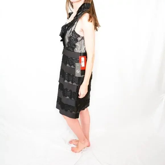 JS Collection Women's Black Lace Layered Sleeveless V Neck Midi Dress Size 10 - Picture 4 of 8